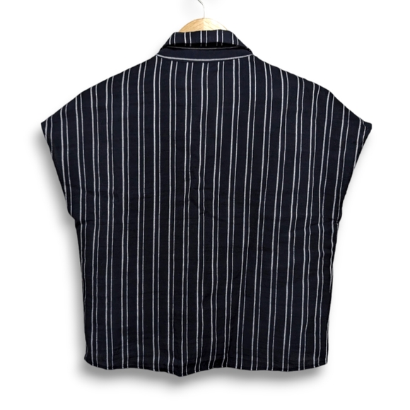 Monk & Lou Womens XS Blue Blouse White Stripe Button Up Short Sleeve Top - Picture 2 of 6